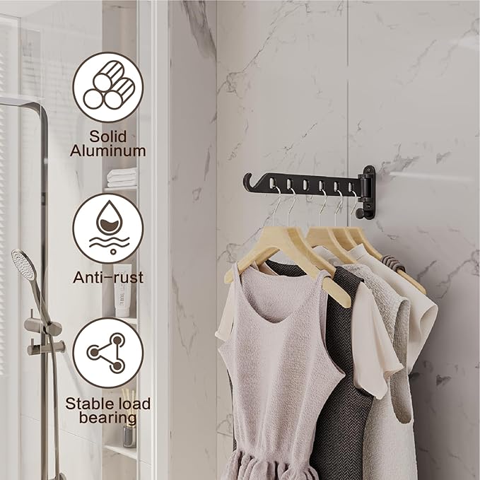 2-Pack Wall Mounted Clothes Drying Rack, Foldable Coat Hanger Holder, Space Saving Laundry Organizer, Sturdy and Durable Aluminum Design (Black)