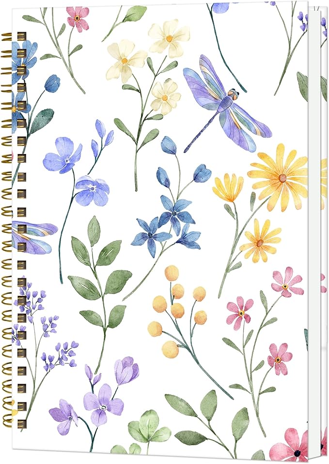 Spiral Notebook A5, Hardcover Journal for Women, 120 Pages Thick College Ruled Paper, Perfect for Office, School, or Home Use(Dragonfly and Flowers)