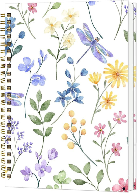 Spiral Notebook A5, Hardcover Journal for Women, 120 Pages Thick College Ruled Paper, Perfect for Office, School, or Home Use(Dragonfly and Flowers)