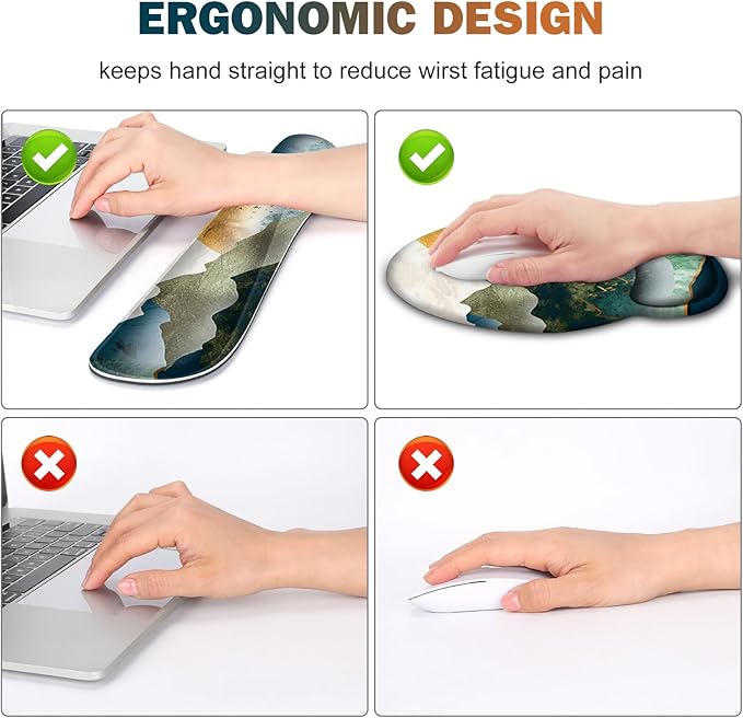 Gaming Mouse Pad, Large Desk Mat, Cute Desk Pad Protector, 4in1 XXL Mousepad +Keyboard Wrist Rest+Mouse Wrist Rest+Coaster Set with Ergonomic Desk Pad for Home Office Table Computer Green Mountain