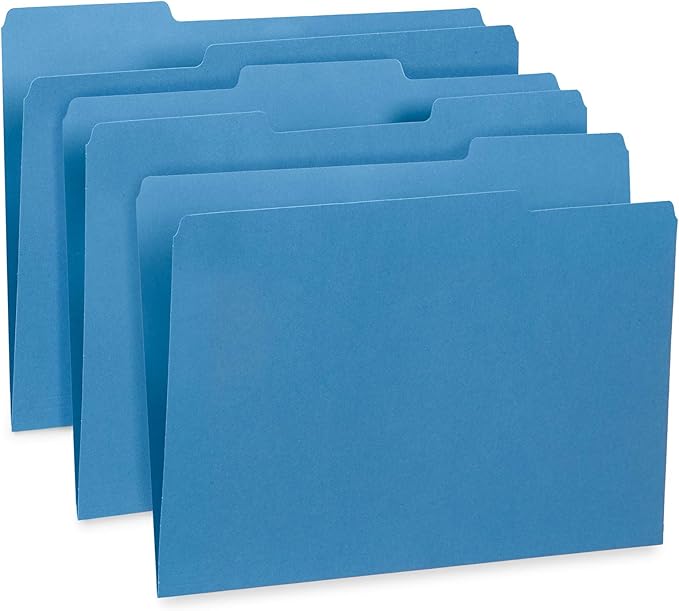 File Folder, 1/3 Cut Tab, Letter Size, Blue, Great for Organizing and Easy File Storage, 100 Per Box