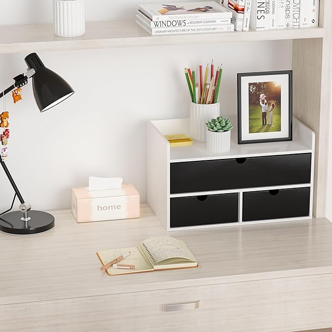 Wisuce Desk Organizer with Drawers - White-Black Bamboo Desktop Organizer Storage | Wood Desk Drawers Organizer for Bills, Office Supplies, Cosmetics, Seals No Assembled