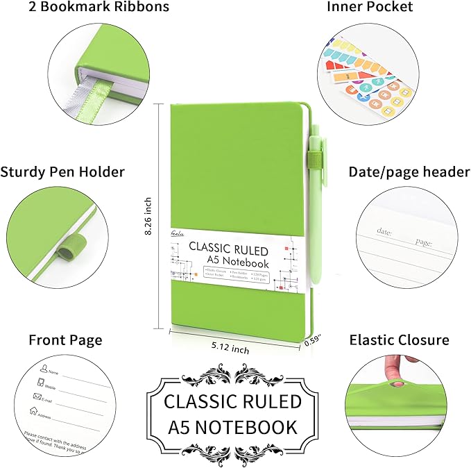 feela 12 Pack Notebooks Journals Bulk, Hardcover Notebook Classic Ruled Lined Journals with Pen Holder for Women Girls School Business Supplies, with 12 Black Pens, 120 GSM, 5.1”x8.3”, A5, Green