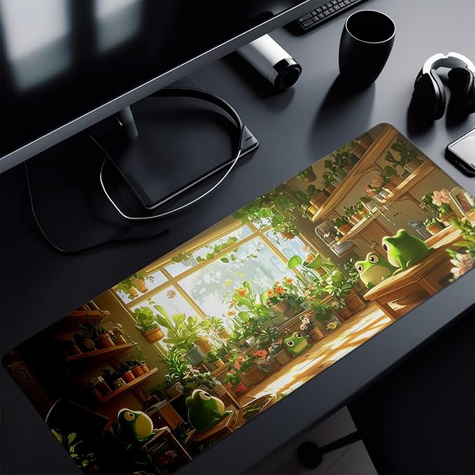 Cute Frogs Green Mouse Pad Abstract Green Mouse Pad 31.5x11.8 Inch Frog Texture Non-Slip Rubber Base Large Mousepad Stitched Edges Keyboard Mouse Mat Desk Pad for Office and Home