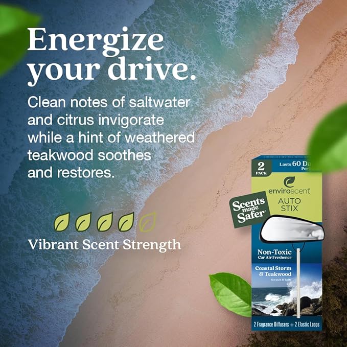 Enviroscent Non-Toxic Car Air Freshener (Coastal Storm & Teakwood) Natural Car Air Freshener | Essential Oil Diffuser | Car Scent Lasting Over 180 Days | 3 Packs of 2 Hanging Auto Stix