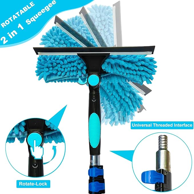 20 Ft+ Reach 2 in 1 Window Squeegee Duster with 5-to-12 Foot Extension Pole, Cleaner Tool with 3-Stage Telescoping Pole, Cleaning Kit with Rotatable Head - Chenille Cloth + Microfibre Cloths Head
