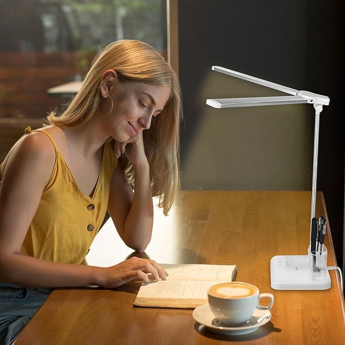 Qooltek LED Desk Lamp for Home Office, Touch Control Table Lamp with 5 Color Modes and Adjustable Brightness,Dual Swing Arm USB Charging Port Foldable Reading Light, Auto Timer, Silver White, 5W