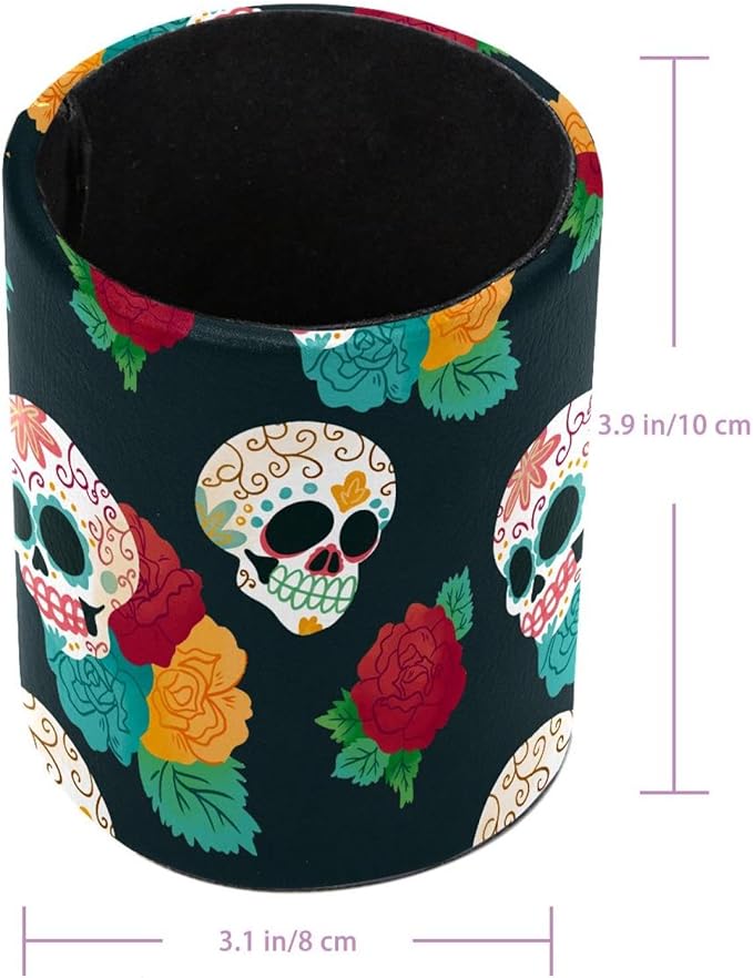 Watercolor Pattern Skull and Flowers Pen Holder Cup for Desk, Pencil Cup Holder for Desk Office Pen Organizer