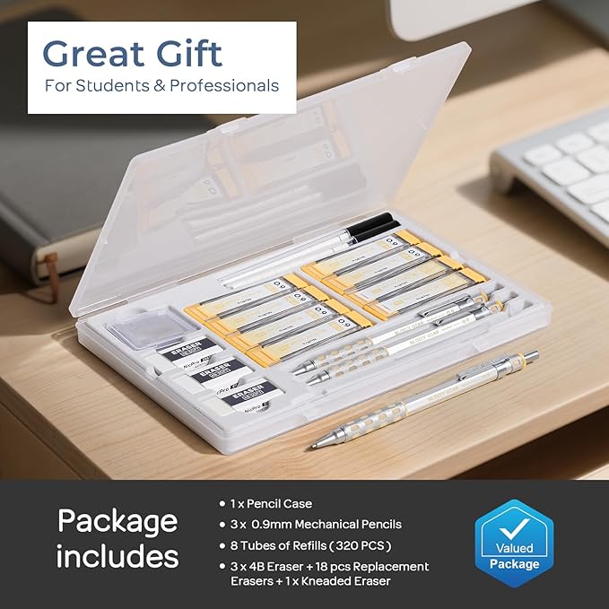 Nicpro Blocky Gear 0.9 mm Mechanical Pencils Set in Case, 3 Pack Metal Pencil 8 Tube with Lead Refills 0.9mm (HB 2B), 3 Erasers for Professional & Adult Art Writing Drafting Drawing
