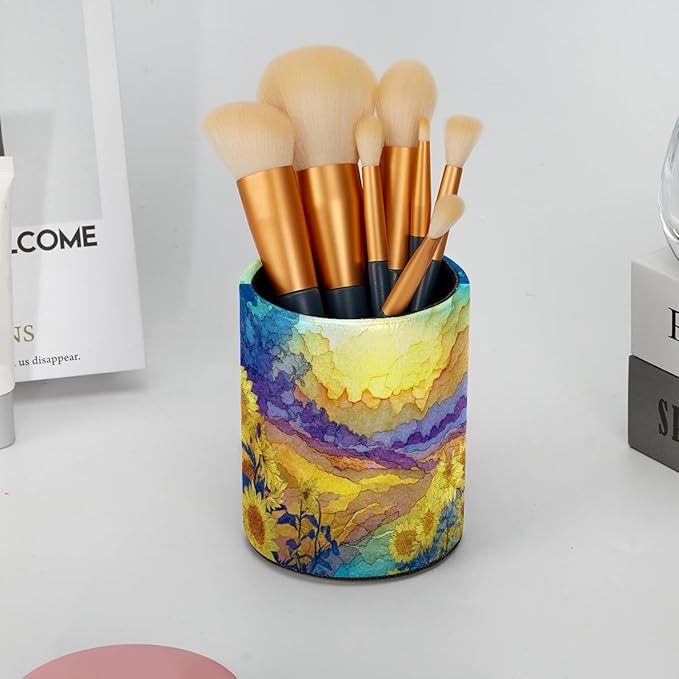 1 Pack Watercolor Art Sunflower Circular Pen & Pencil Holder - Durable PU Leather Pencil Cup, Desk Accessories Organizer for Office Desk School Home