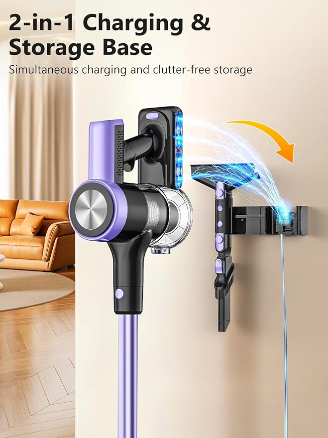 Cordless Vacuum Cleaner, 46KPa/500W Stick Vacuum with 55 Mins Runtime, Self-Standing Vacuum Cleaner for Home, LED Display, Anti-Tangle Brush, Rechargeable Vacuum for Hardwood Floor, Pet Hai (Purple)