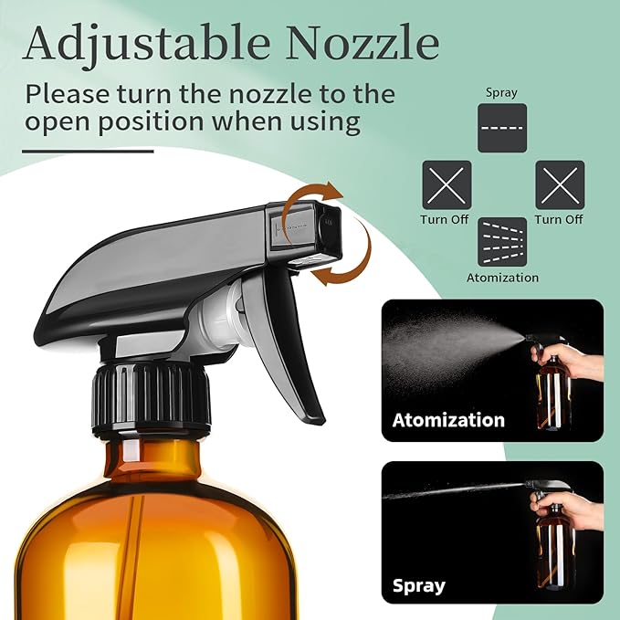 16oz Amber Glass Spray Bottles,6 Pack Glass Spray Bottles Refillable Empty Bottle with Adjustable Nozzle,Spray Bottle for Essential Oils,Cleaning,Pets,Hair Mister