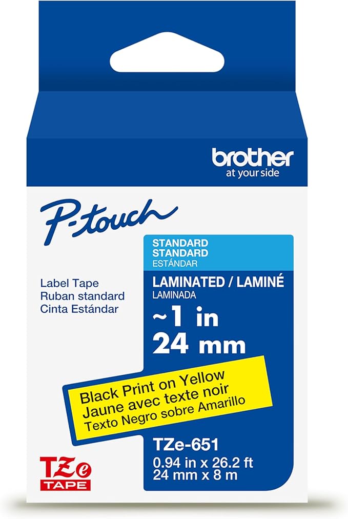 Brother Genuine P-Touch TZe Black Print on Yellow Label Tape (TZe651), Laminated,1in x 26.2ft (24mm x 8m), for Select P-Touch Label Makers, Durable, Water-Resistant, Indoor/Outdoor Use