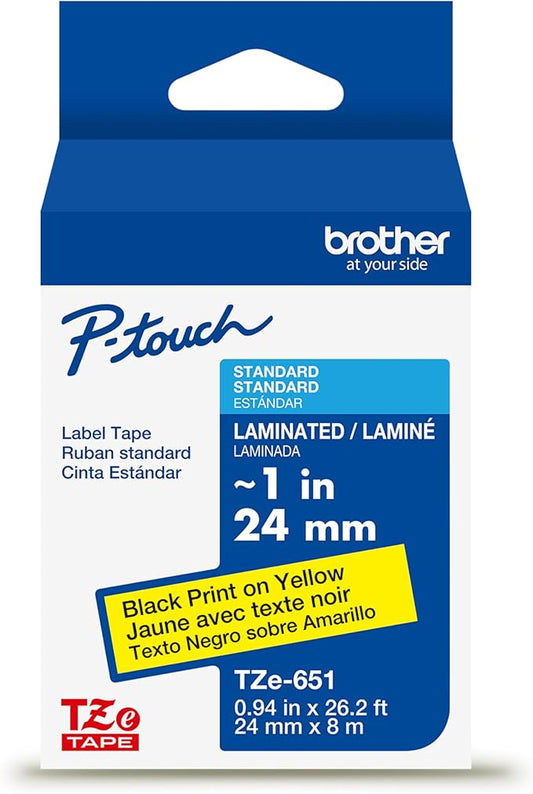 Brother Genuine P-Touch TZe Black Print on Yellow Label Tape (TZe651), Laminated,1in x 26.2ft (24mm x 8m), for Select P-Touch Label Makers, Durable, Water-Resistant, Indoor/Outdoor Use