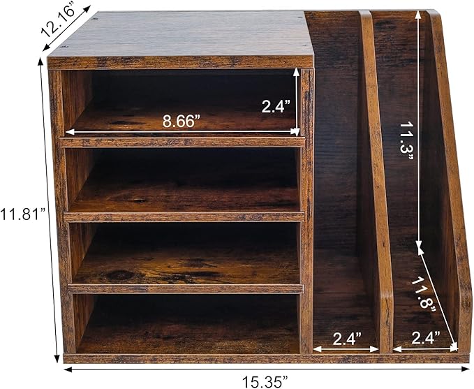 PAG Wood Desktop File Holder Organizer Mail Sorter for File Folders, Mails, Envelopes, Mailing Supplies or Magazines, Brown