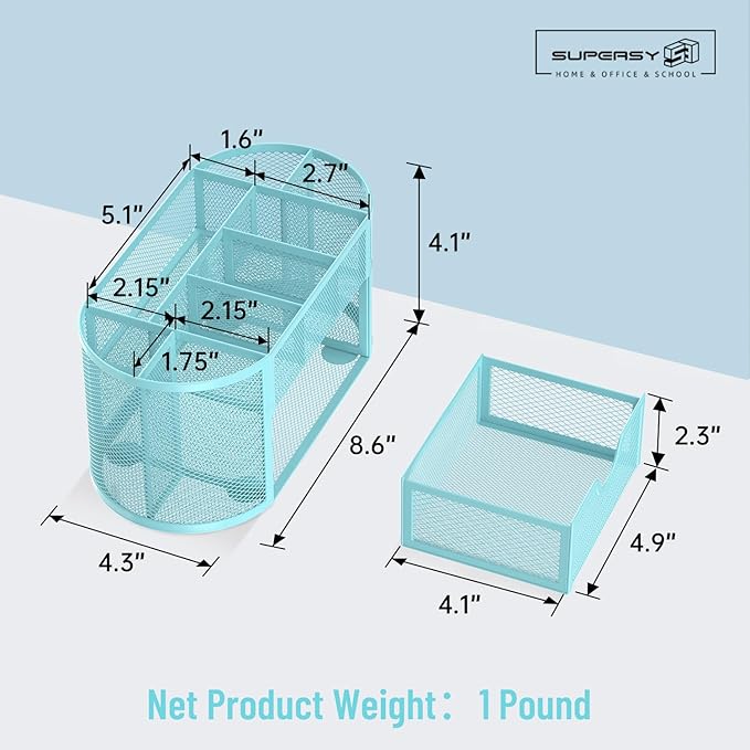 SUPEASY Mesh Desk Organizer, Desk Accessories & Workspace Organizers with Drawers, Pencil Holder for Desk with 9 Compartments for Office Suppliess, 8.6 x 4.3 x 4.1 Inch, Blue
