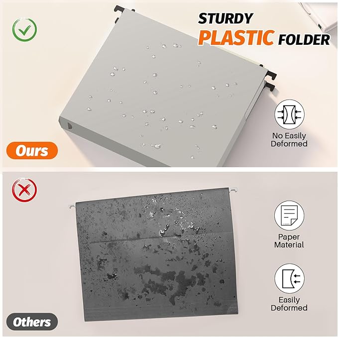 Extra Capacity Plastic Hanging File Folders,12 Pack Reinforced Expanding Hang Folder Letter Size,Accordian Pocket,Heavy Duty 2 Inch Expansion, Hard Hanging Folder Organizer for Office Home,Grey