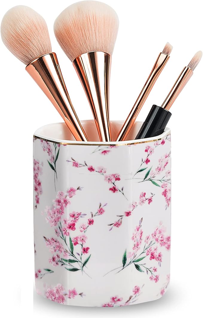 Pen Holder Stand for Desk Floral Pattern Pencil Cup for Girls Kids Durable Ceramic Desk Organizer Makeup Brush Holder for Office Classroom Home Pink Flowers