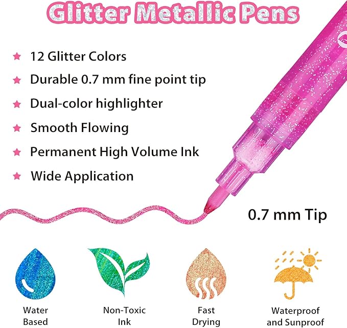 Ohuhu Glitter Markers Pen: 12 Glitter Colors Metallic Shimmer Marker Fine Tip Water-based Ink for Kids Adults DIY Crafts Greeting Birthday Cards Making Mugs Wood