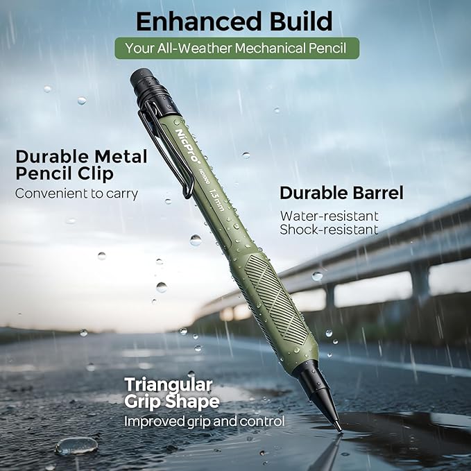 Nicpro 3 PCS 1.3 mm Mechanical Pencils Set 3 Colors with 51 Lead Refill, 3 Eraser - Weatherproof Barrel Pencil, Heavy Duty Carpenter Pencil HD1000 for Outdoor Marking Drafting Drawing Woodworking