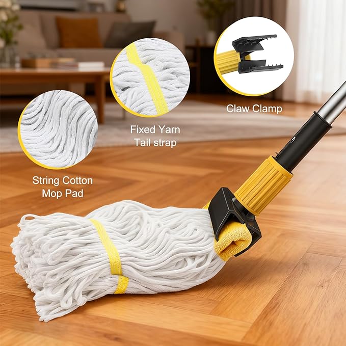 EZKEY Heavy Duty String Wet Mop for Floor Cleaning, Commercial Industrial Cotton Mops with Stainless Steel Long Handle for Home, Kitchen, Bathroom, Garage