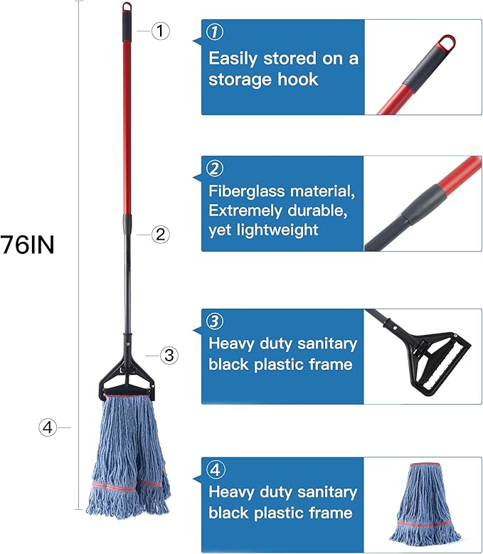 Matthew 4 Set&4 Replacement Commercial&Residential Mop Heavy Duty Industrial Mops w/Adjustable Side-Gate Handle(Quick-Change Gripper) Looped-End String Wet Cotton Mop for Home,Office,Warehouse
