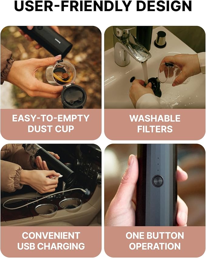 Owleys Portable Handheld Car Vacuum Cleaner with HEPA & Stainless Steel Filter, 6000–16000PA Suction, 85000 RPM Motor, 40-Min Battery Life, Cordless Mini Vacuum for Car, Home, and Office