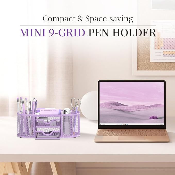 SUPEASY Mesh Desk Organizer, Desk Organizers and Accessories with Drawers, Pen Holder for Desk with 2 Drawers with 9 Compartments for Office Supplies, Purple