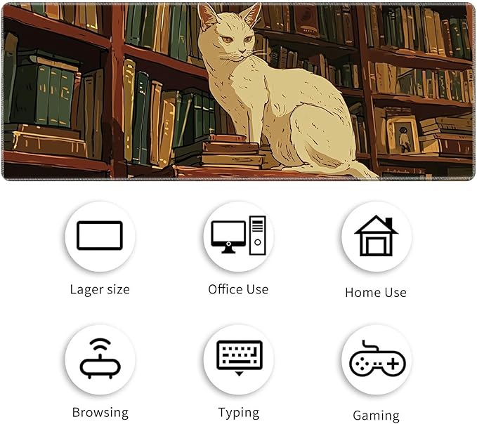Desk Mat Large Gaming Mouse Pad (31.5x11.8 inch) with Stitched Edges, XL Mouse Pad +Coaster, Extended Mouse Mat Keybroad Mousepad Non-Slip Rubber for Gamer Men Women, White Cat Library