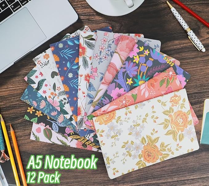 Composition Notebook Journals -12 Pack with 60 Lined Pages, 30 Sheets, Sewn Binding, Hard Cover Books Embossed Cover in Floral Bliss Pattern (5.75 x 8.35 Inches) for School, Office, or At-Home Use