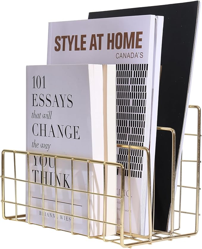 Metal File Organizer, 3 Vertical Sections, Desktop Paper/Mail/Letter/Record Holder, File Folder Holder Stand Rack Sorter for Office Desk Organization and accessories & supplies (Gold)