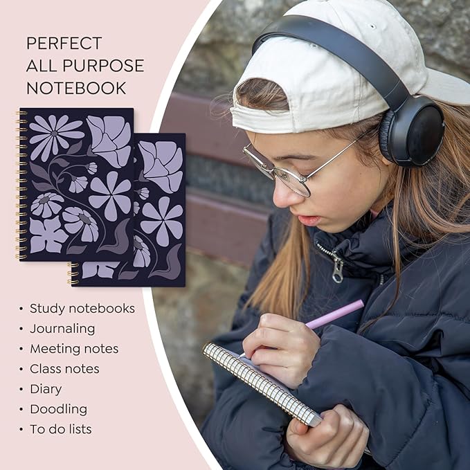 VONTP Boho Abstract Floral Spiral Notebook, Purple Abstract Flower Aesthetic Journal, Boho Office Supplies, Botanical Floral College Ruled Notebook Journal for Writing, 5.5x8.3