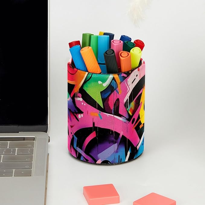 Leather Pen Holder for Desk Cartoon Graffiti Pencil Cup Desktop Organizer Makeup Brush Holders Office Supplies for Home, Kids & School