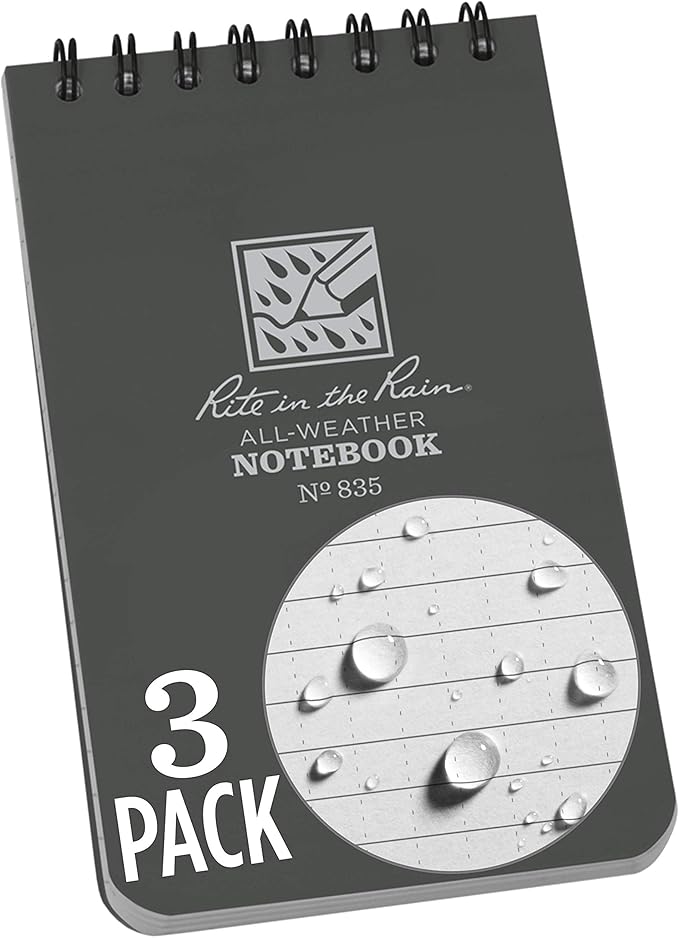 Rite in the Rain All-Weather Top-Spiral Notebook, 3" x 5", Gray Cover, Universal Pattern, 3 Pack (No. 835-3), Grey