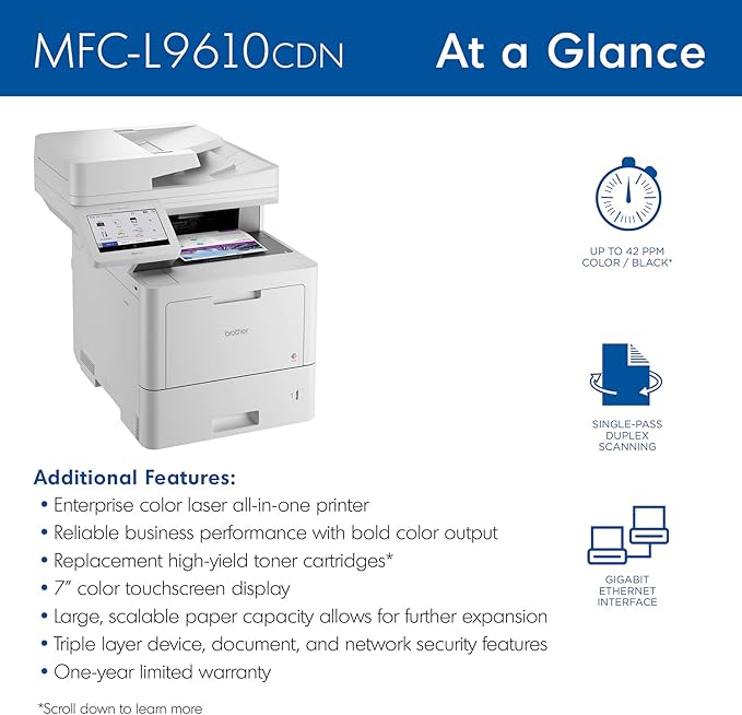 Brother MFC‐L9610CDN Enterprise Color Laser All‐in‐One Printer with Fast Printing, Large Paper Capacity, and Advanced Security Features, White