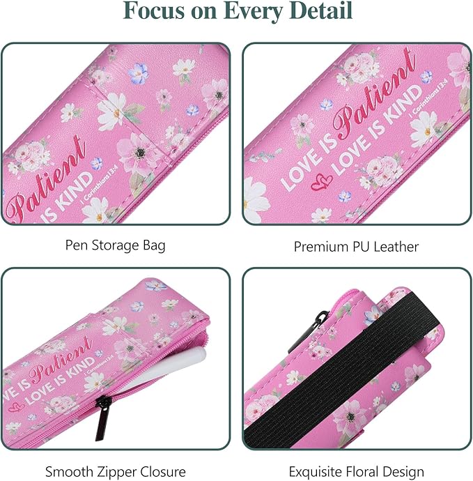 MoKo Elastic Pen Holder for Notebook, 4 Pieces PU Leather Pencil Case with Pocket Adjustable Band, Stationery School Supplies Zipper Bag for Planners, Journals, Book