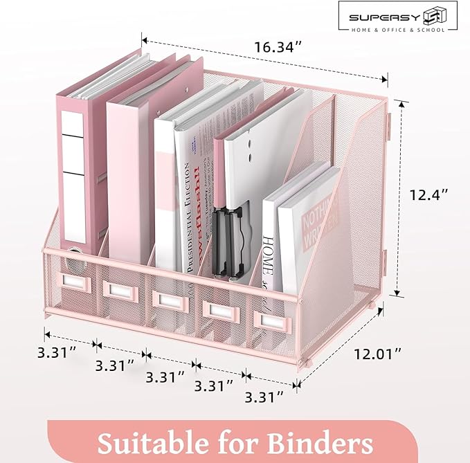 SUPEASY Desk Organizers Metal Desk Magazine File Holder with 5 Vertical Compartments Rack File Organizer for Office Desktop, Home Workspace, Pink Plus