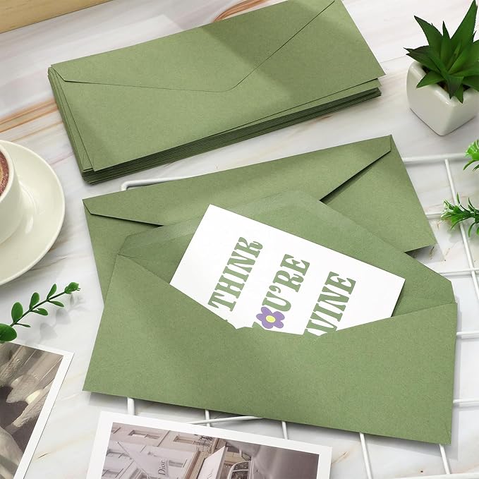 Whaline 50Pcs Business Envelopes Sage Green Mailing Envelopes V-Flap Envelope for Invitations Mailing Letters Checks Sending Card, 4 1/8 x 9 1/2 Inch