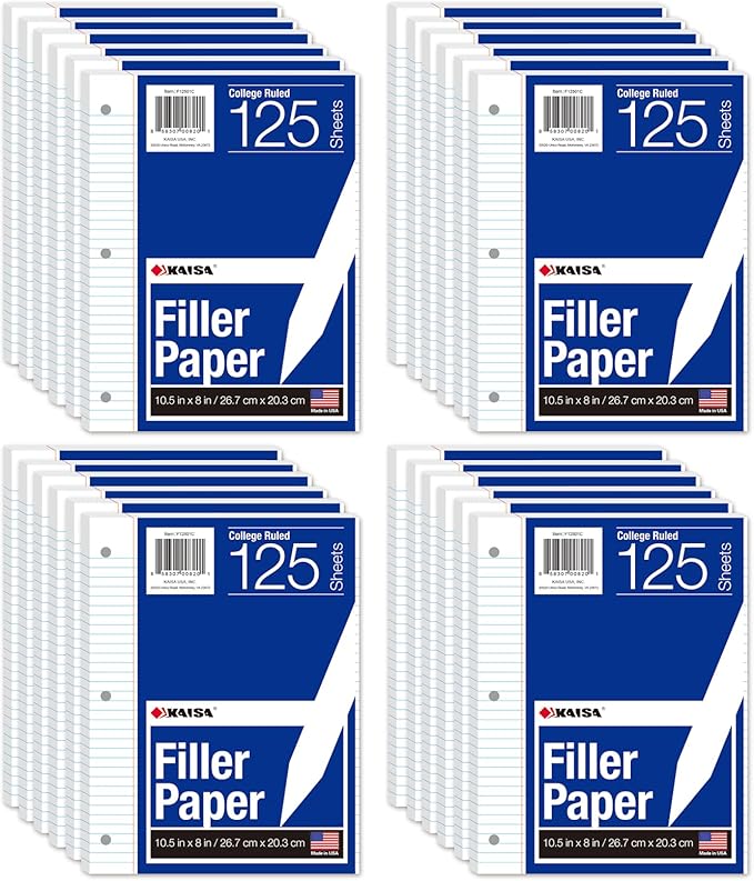Kaisa Notebook Paper 24 Pack 8x10.5 College Ruled Loose Leaf Paper Filler Paper for 3-Ring Binder Paper 125 Sheets/Pack Notebook Paper 3-Hole Punched Lined Paper(24Pack-college)
