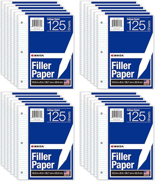 Kaisa Notebook Paper 24 Pack 8x10.5 College Ruled Loose Leaf Paper Filler Paper for 3-Ring Binder Paper 125 Sheets/Pack Notebook Paper 3-Hole Punched Lined Paper(24Pack-college)