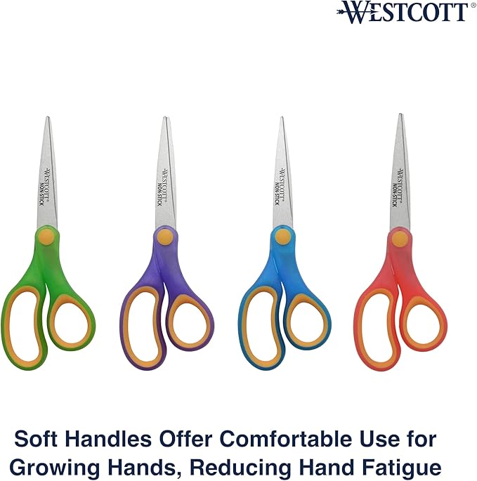 Westcott Non-Stick Student Scissors for Classroom Use, Ideal for Crafting and School Projects, Perfect for Kids Ages 12+, Back to School Supplies, 7-Inch, Assorted Colors