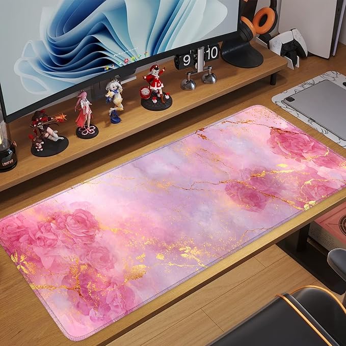 Elegant Pink Rose and Gold Marble Mouse Pad – 31.5" x 11.8" Extended Desk Mat with Abstract Floral Design – Luxurious Non-Slip Surface for Office & Home Decor
