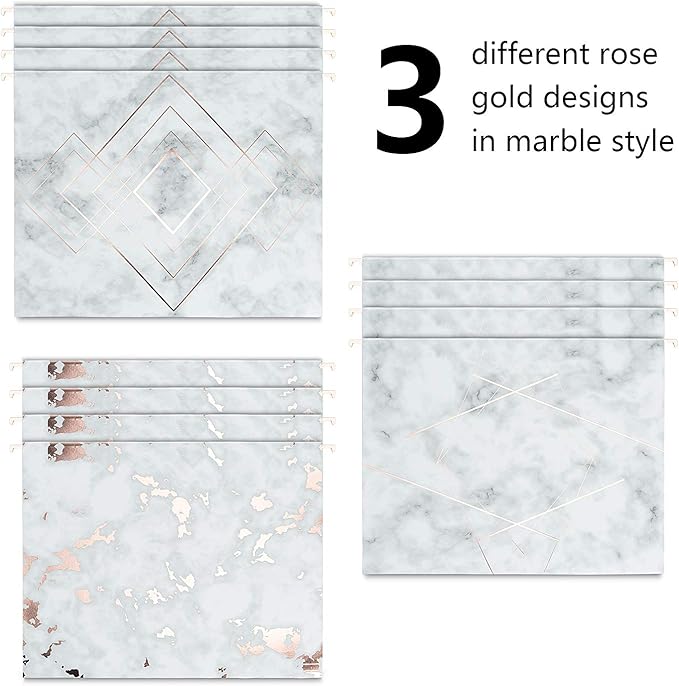 Y YOMA 12 Pack Rose Gold Hanging File Folders Letter Size Decorative File Folder Cute Pretty Hanging Folder Organizer for Filing Cabinet Office Home with 1/5-Cut Adjustable Tabs, 3 Marble Design