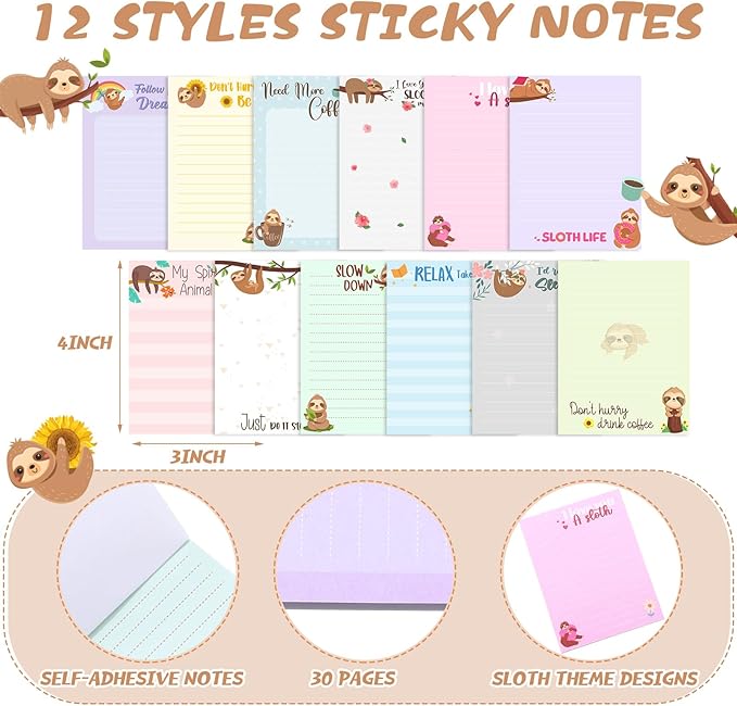 24 Pcs Sloth Sticky Notes with Pens Sloth Themed Gifts Women Party Favors Cute Notepad Memo Notes Pads Black Ink Ballpoint Pen for Animal Lover Christmas Gifts Office School Students Teacher Supplies
