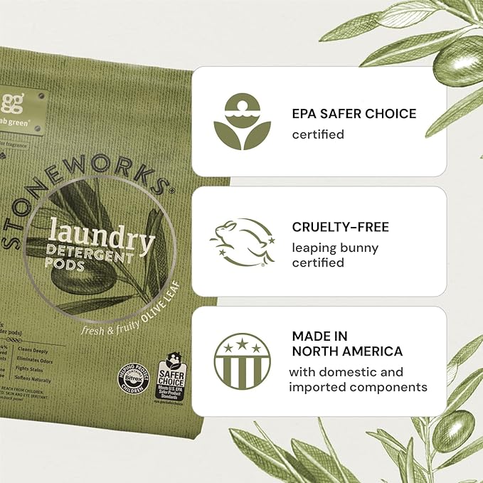 Grab Green Stoneworks Laundry Detergent Pods, 100 Count, Fragrance Free Rain Scent, Plant and Mineral Based, Cleans Deeply, Eliminates Odors, Fights S