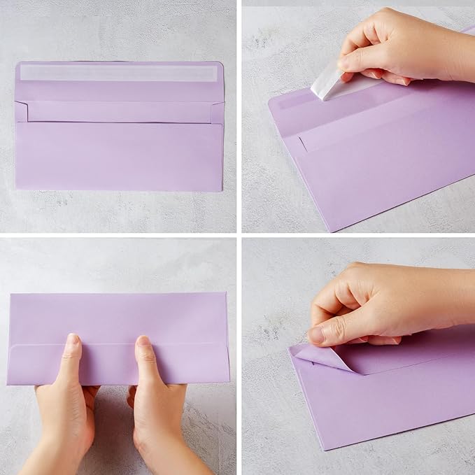 Wishop 50 Pack #10 Business Envelopes Self Seal 4x9 Standard Envelopes for Business, Invoices, Letter Mailing, 4 1/8 x 9 1/2 Inches (Light Purple, 4.13 x 9.49)