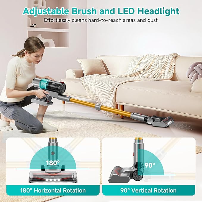 Clinkal Cordless Vacuum Cleaner: 40KPA Powerful Suction Cordless Stick Vacuum Cleaners for Home, Anti-Tangle Brush, Lightweight, 6-in-1 Rechargeable Vacuum for Pet Hair/Carpet/Hard Floor(Green)