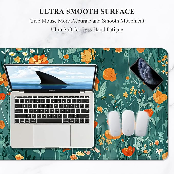 Auhoahsil Desk Mat, Ultra Large Mouse Pad, XXL Gaming Mousepad, Pretty Desk Pad, Big Extended Full Size Desktop Desk Matt for Keyboard, Laptop & Computer, 35.5 x 15.7 in, Green Flowers
