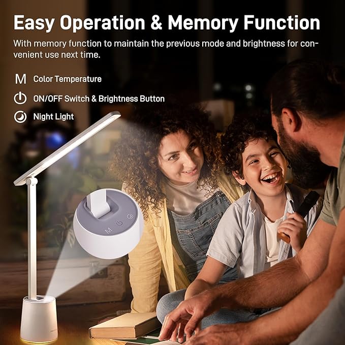 Pak LED Desk Lamp, Dimmable Eye-Caring Desk Light with 5 Color Modes & Brightness Levels, Portable Small Study Reading Table Lamp with Night Mode, Touch Control, Ideal for Home Office, Dorm, White