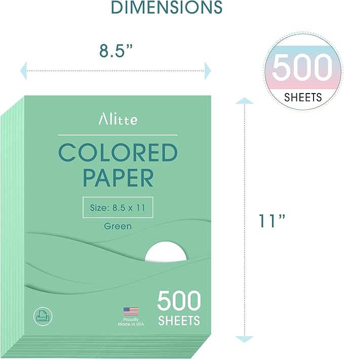 Colored Paper 500-Sheets - Green Paper, 8.5 x 11 Colored Printer Paper, Arts & Crafts, DIY Projects - School & Office Supplies - Pastel Copy Paper, 1 Ream, Made in the USA